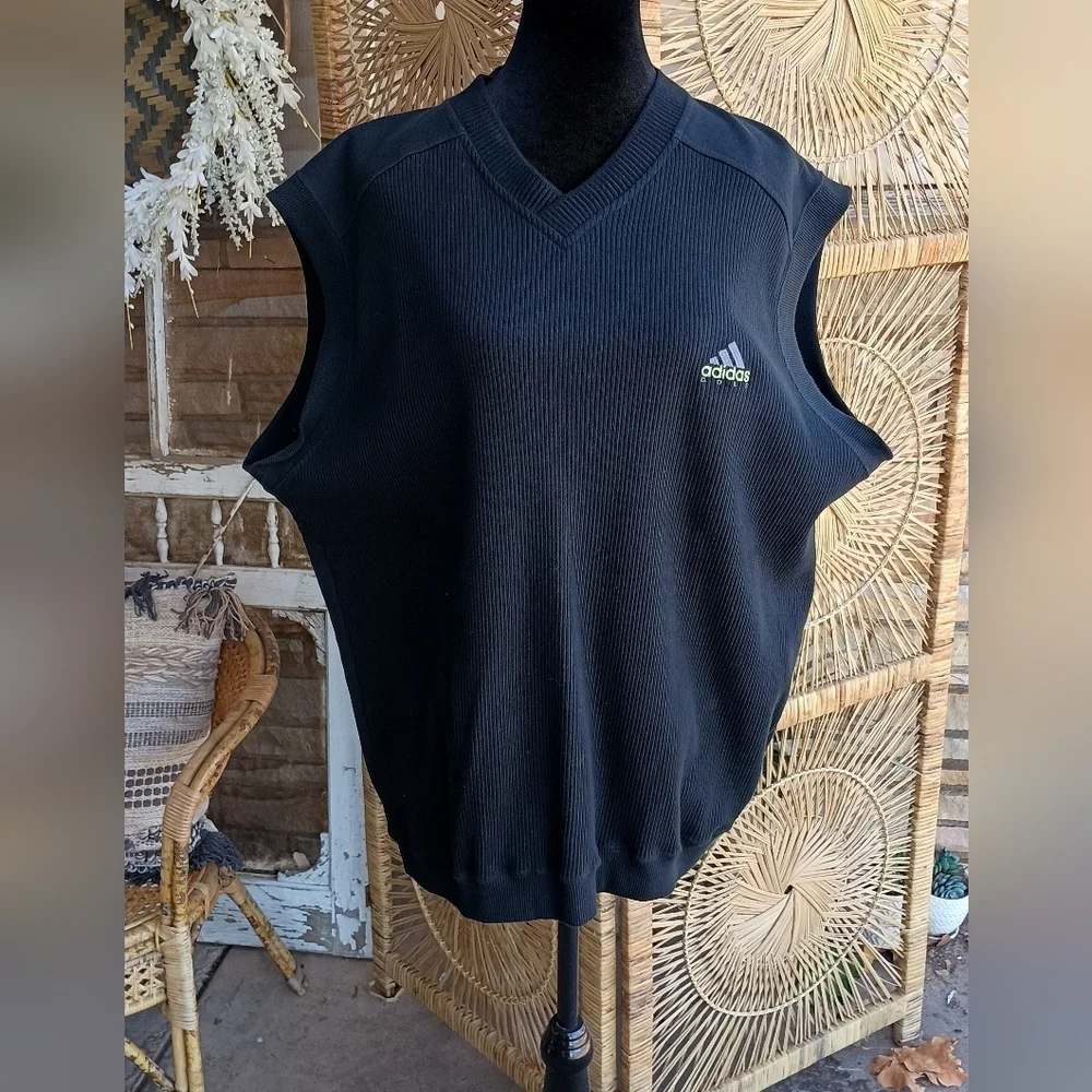 Vintage 90s Adidas Black V-Neck Vest with Green Logo_XL